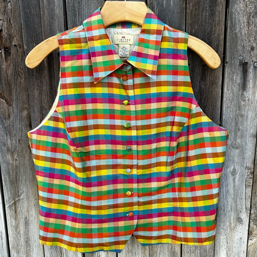 Vintage Limited America Check Plaid Silk Sleeveless Shirt Rainbow Color L - Picture 15 of 15